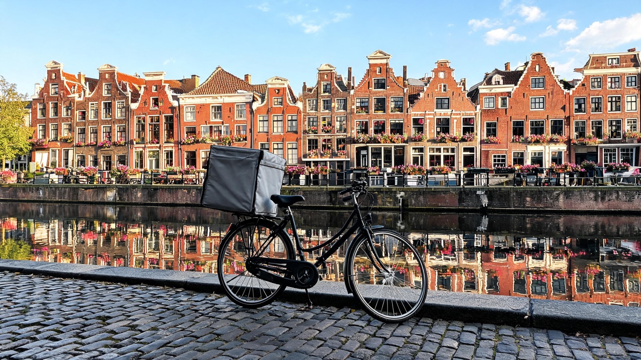 Bezorger met koeltas vol maaltijden op een fiets langs een Utrechtse gracht