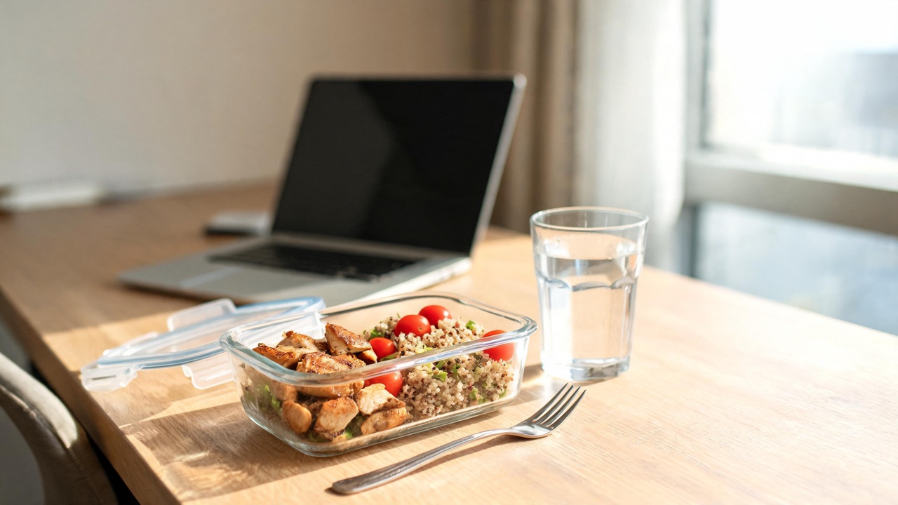 Meal prep lunchbakje met kip, quinoa en groente op een bureau